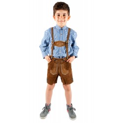 Kinderlederhoseset hellbraun+blaues Hemd