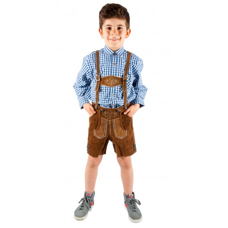 Kinderlederhoseset hellbraun+blaues Hemd