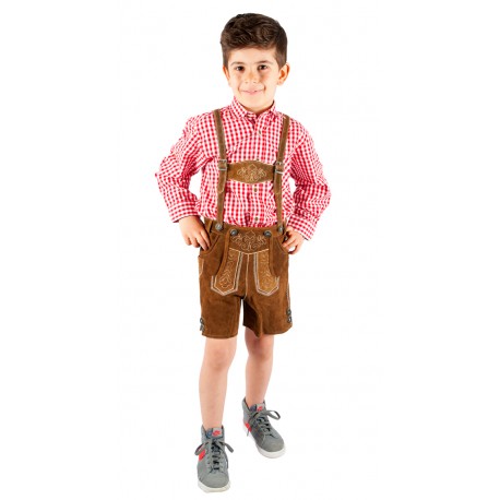 Kinderlederhosenset hellbraun+rotes Hemd