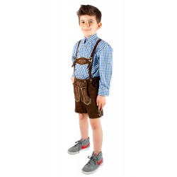 Kinderlederhoseset dunkelbraun+blaues Hemd