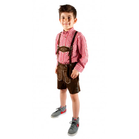 Kinderlederhoseset dunkelbraun+rotes Hemd